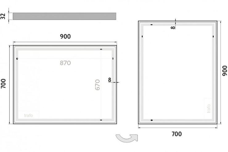 NIMCO 13000 zrkadlo 90x70 cm, reverzibilné, s osvetlením ZP 13019 Technický nákres