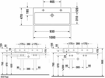 DURAVIT VERO umývadlo 100 cm, s 2 otvormi pre batérie a prepadom 0454100024 Technický nákres