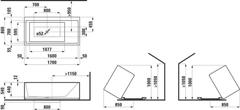KARTELL LAUFEN voľne stojaca vaňa 170x86 cm, s osvetlením, Sentec H2243320006161 Technický nákres