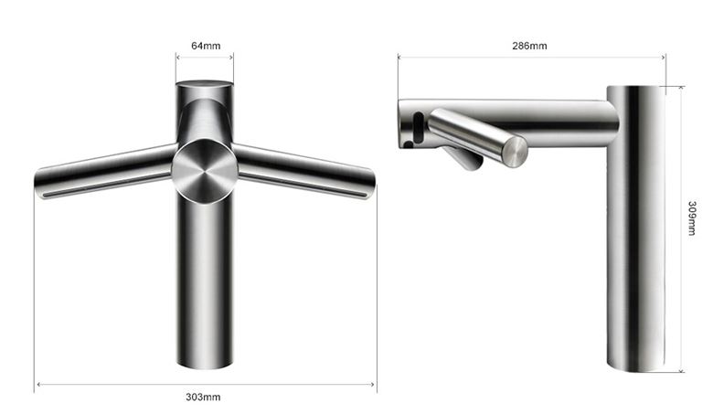 DYSON AIRBLADE WASH & DRY umývadlová senzorová batéria, so sušičom rúk, napájanie zo siete, nerez 245269-01 Technický nákres