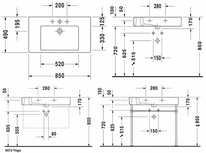 DURAVIT VERO umývadlo 70 cm, s otvorom pre batériu a prepadom, WonderGliss 03298500001 Technický nákres