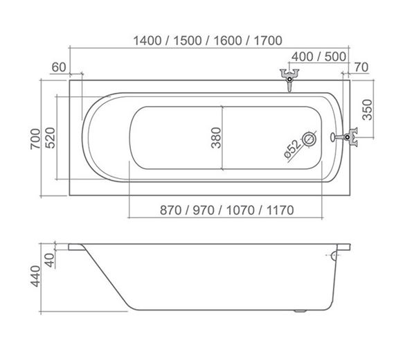 ROTH VANESSA NEO 160 vaňa 160x70 cm, bez nožičiek, akrylát 9570000 Technický nákres