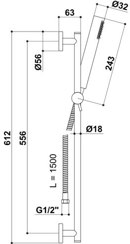RAF STILO sprchová súprava 3-dielna, ručná sprcha 243 mm, tyč, hadica, chróm SK503 Technický nákres