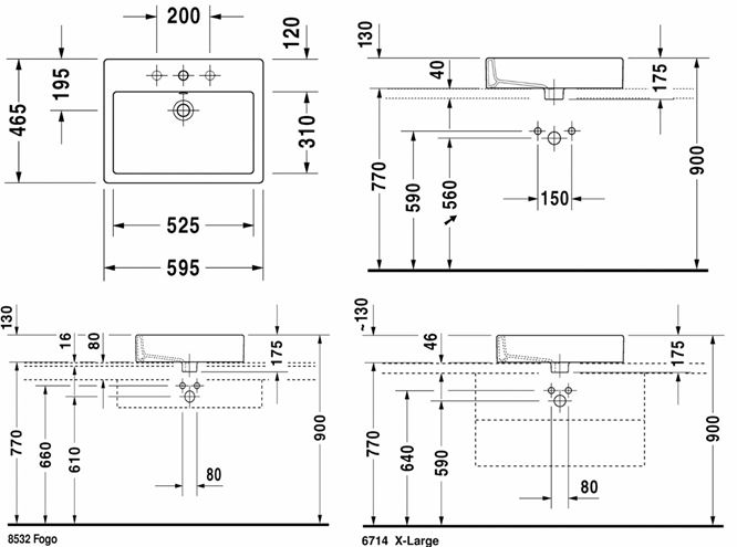 DURAVIT VERO umývadlo na dosku 59,5 cm, s otvorom pre batériu a prepadom, brúsené, WonderGliss 04526000001 Technický nákres