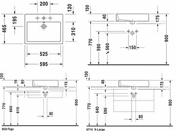 DURAVIT VERO umývadlo na dosku 59,5 cm, s otvorom pre batériu a prepadom, brúsené, WonderGliss 04526000001 Technický nákres