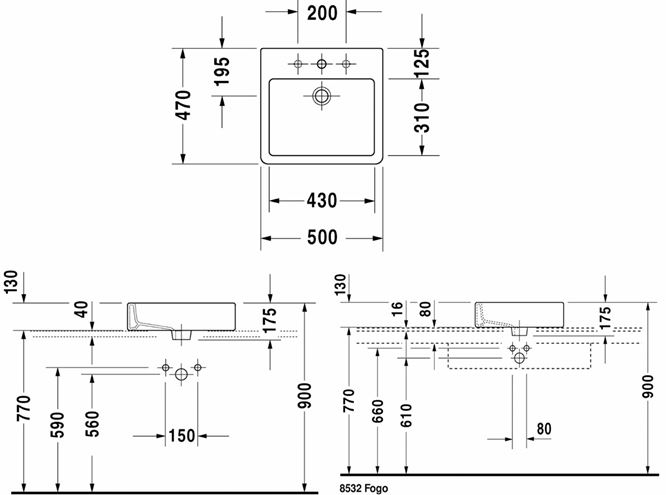 DURAVIT VERO umývadlo na dosku 50 cm, s otvorom pre batériu a prepadom, brúsené 0452500000 Technický nákres