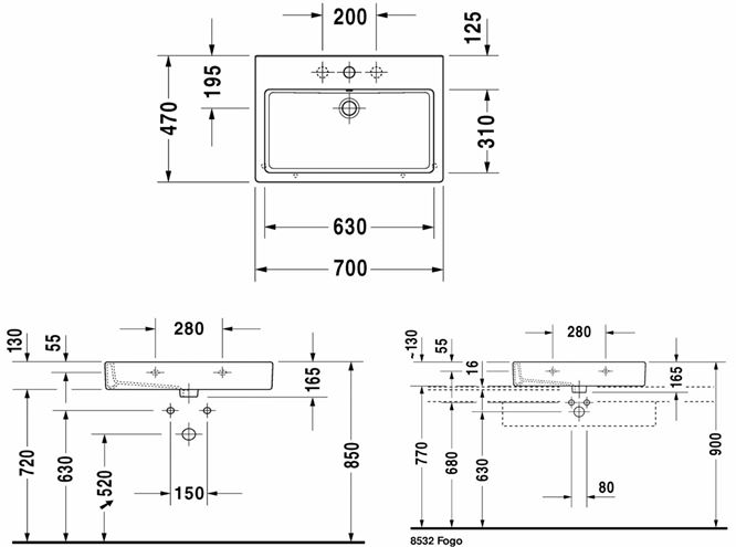 DURAVIT VERO umývadlo 70 cm, s otvorom pre batériu a prepadom, WonderGliss 04547000001 Technický nákres
