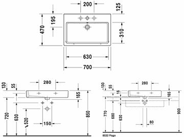 DURAVIT VERO umývadlo 70 cm, s otvorom pre batériu a prepadom 0454700000 Technický nákres