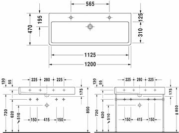 DURAVIT VERO umývadlo 120 cm, s 2 otvormi pre batérie a prepadom 0454120024 Technický nákres