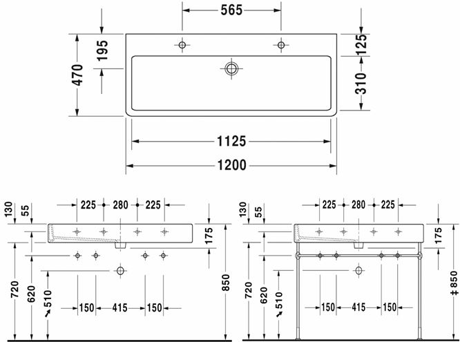 DURAVIT VERO umývadlo 120 cm, s 2 otvormi pre batérie a prepadom 0454120024 Technický nákres