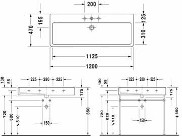 DURAVIT VERO umývadlo 120 cm, s otvorom pre batériu a prepadom 0454120000 Technický nákres