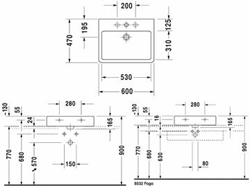 DURAVIT VERO umývadlo 60 cm, s otvorom pre batériu a prepadom, brúsené 0454600027 Technický nákres