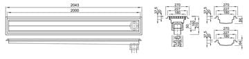 AZP BRNO krabicový žľab 2000 mm, do priestoru, zvislý odtok DN 75 mm, rošt, nerez oceľ OZ 01 Technický nákres