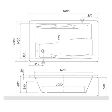 ROTH AMORE vaňa 180x120 cm, pre 2 osoby, bez nožičiek, akrylát 9720000 Technický nákres