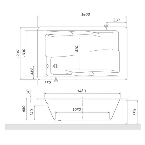 ROTH AMORE vaňa 180x120 cm, pre 2 osoby, bez nožičiek, akrylát 9720000 Technický nákres