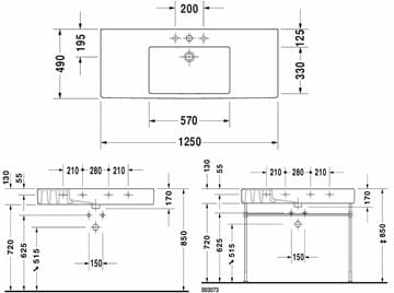 DURAVIT VERO umývadlo 125 cm, s otvorom pre batériu a prepadom, WonderGliss 03291200001 Technický nákres