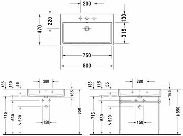 DURAVIT VERO AIR umývadlo 80 cm, s otvorom pre batériu a prepadom 2350800000 Technický nákres