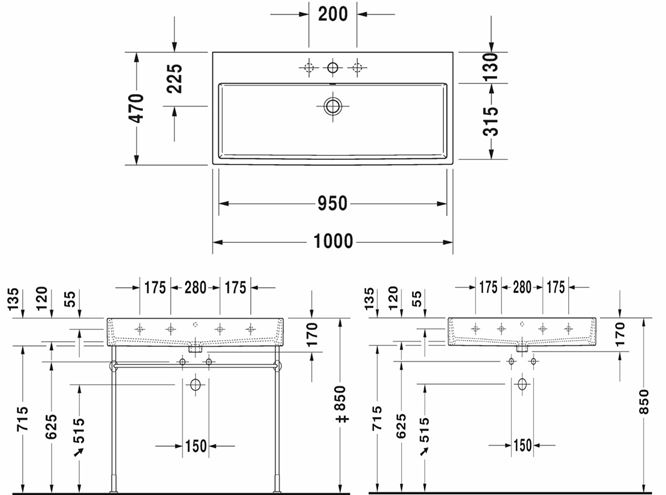 DURAVIT VERO AIR umývadlo 100 cm, s otvorom pre batériu a prepadom 2350100000 Technický nákres