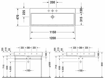 DURAVIT VERO AIR umývadlo 120 cm, s otvorom pre batériu a prepadom 2350120000 Technický nákres
