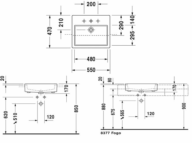 DURAVIT VERO umývadlo 55 cm, s otvorom pre batériu a prepadom, WonderGliss 03145500001 Technický nákres