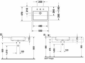 DURAVIT VERO umývadlo 55 cm, s otvorom pre batériu a prepadom, WonderGliss 03145500001 Technický nákres