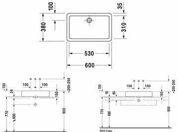 DURAVIT VERO umývadlo na dosku 60 cm, bez prepadu 0455600000 Technický nákres