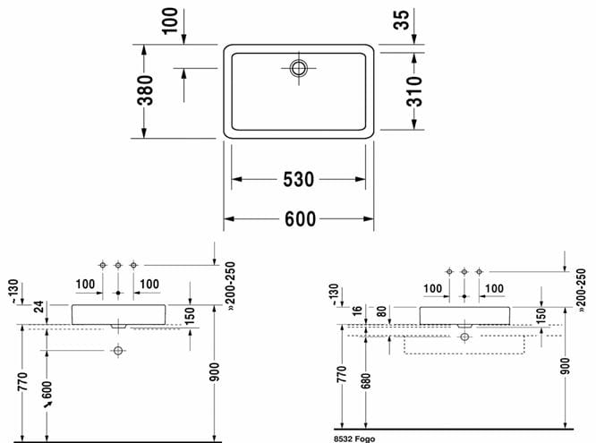 DURAVIT VERO umývadlo na dosku 60 cm, bez prepadu, WonderGliss 04556000001 Technický nákres