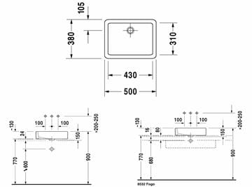 DURAVIT VERO umývadlo na dosku 50 cm, bez prepadu 0455500000 Technický nákres
