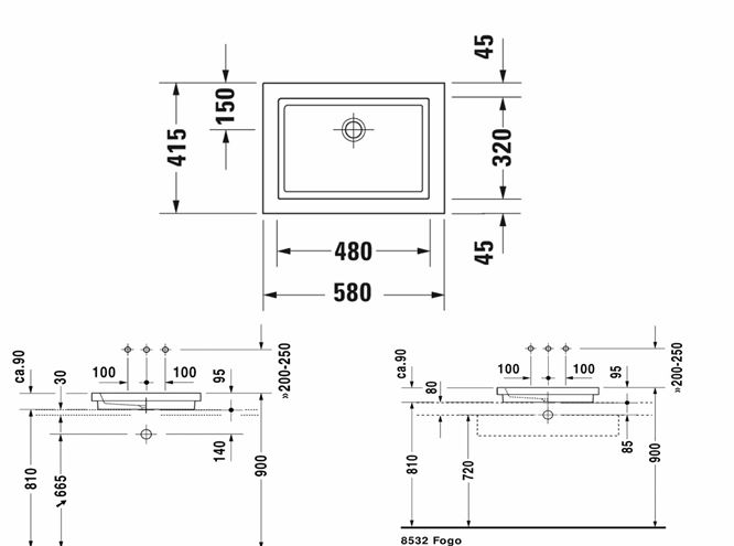 DURAVIT 2ND FLOOR umývadlo 58 cm, bez prepadu 0317580029 Technický nákres