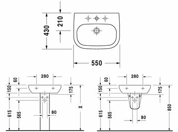 DURAVIT D-CODE umývadlo 55 cm, s otvorom pre batériu a prepadom 23105500002 Technický nákres
