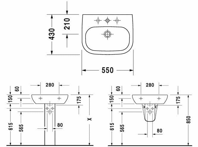 DURAVIT D-CODE umývadlo 55 cm, s otvorom pre batériu a prepadom 23105500002 Technický nákres