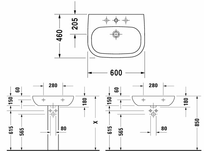 DURAVIT D-CODE umývadlo 60 cm, s otvorom pre batériu a prepadom 23106000002 Technický nákres