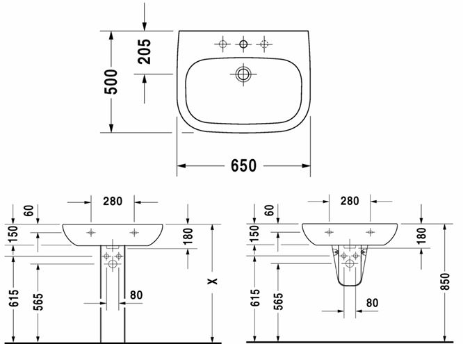 DURAVIT D-CODE umývadlo 65 cm, s otvorom pre batériu a prepadom 23106500002 Technický nákres