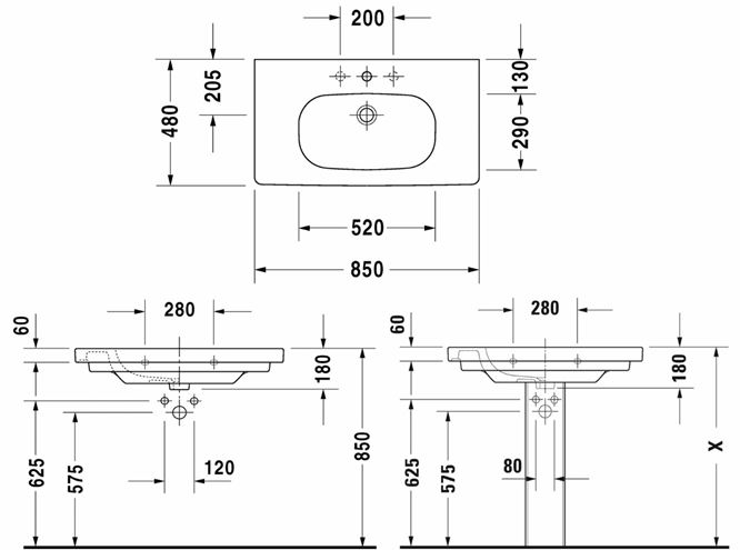 DURAVIT D-CODE umývadlo 85 cm, s otvorom pre batériu a prepadom 03428500002 Technický nákres
