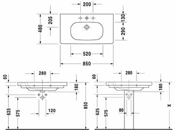 DURAVIT D-CODE umývadlo 85 cm, s otvorom pre batériu a prepadom 03428500002 Technický nákres