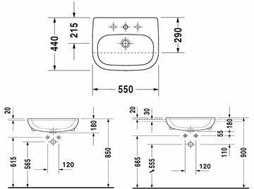 DURAVIT D-CODE umývadlo 55 cm, s otvorom pre batériu a prepadom 0339550000 Technický nákres