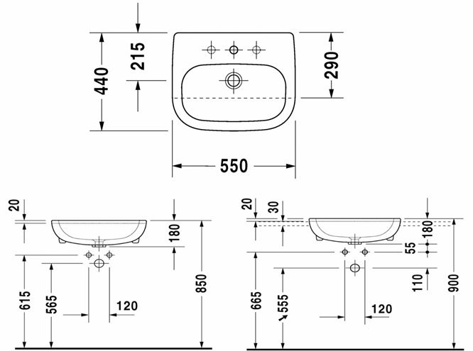 DURAVIT D-CODE umývadlo 55 cm, s otvorom pre batériu a prepadom 0339550000 Technický nákres