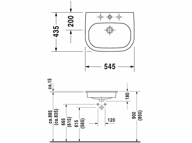 DURAVIT D-CODE umývadlo 54,5 cm, s otvorom pre batériu a prepadom 0337540000 Technický nákres