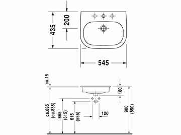DURAVIT D-CODE umývadlo 54,5 cm, s otvorom pre batériu a prepadom 0337540000 Technický nákres