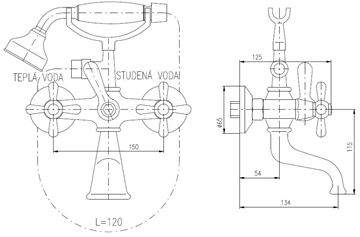 RAV SLEZÁK MORAVA vaňová nástenná batéria, s prepínačom, so sprchovou súpravou, stará mosadz MK159.5/2SM Technický nákres