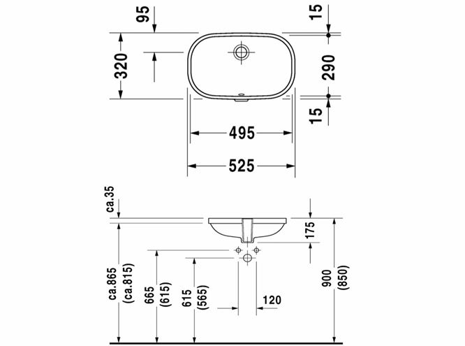 DURAVIT D-CODE umývadlo 49,5 cm, s prepadom 0338490000 Technický nákres