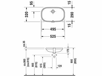 DURAVIT D-CODE umývadlo 49,5 cm, s prepadom 0338490000 Technický nákres