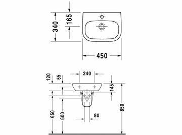 DURAVIT D-CODE umývadielko 45 cm, s otvorom pre batériu a prepadom 07054500002 Technický nákres