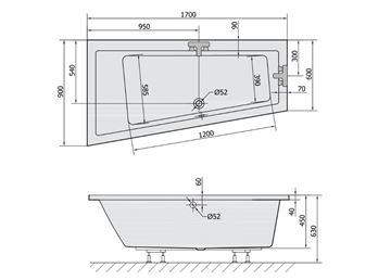 POLYSAN ANDRA rohová vaňa 170x90 cm, bez nožičiek, akrylát 81111 Technický nákres