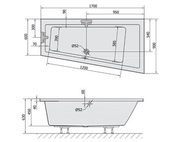 POLYSAN ANDRA rohová vaňa 170x90 cm, bez nožičiek, akrylát 81511 Technický nákres