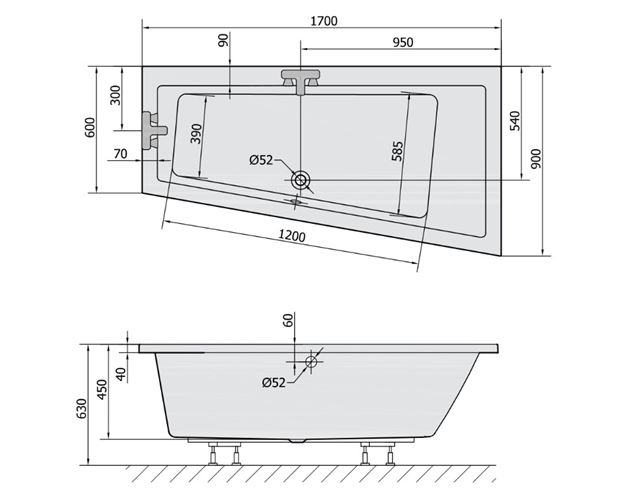 POLYSAN ANDRA rohová vaňa 170x90 cm, bez nožičiek, akrylát 81511 Technický nákres