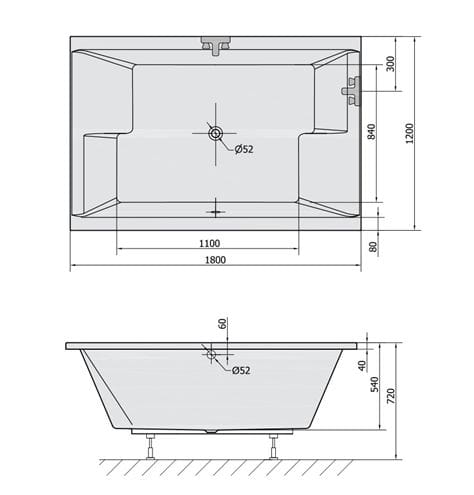 POLYSAN DUPLA vaňa 180x120 cm, pre 2 osoby, bez nožičiek, akrylát 13611 Technický nákres