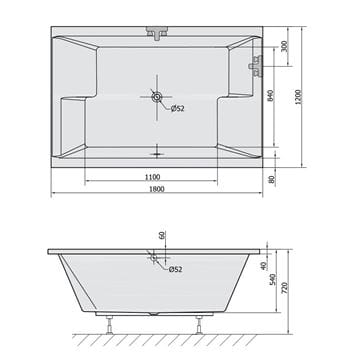 POLYSAN DUPLA vaňa 180x120 cm, pre 2 osoby, bez nožičiek, akrylát 13611 Technický nákres
