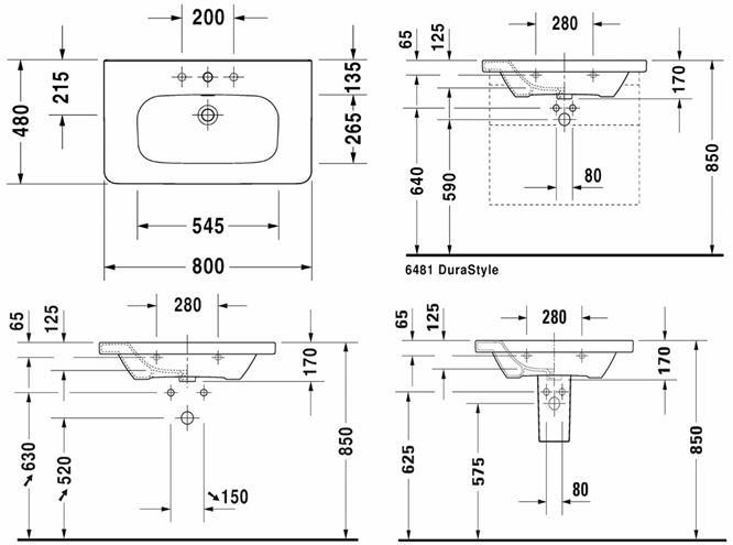 DURAVIT DURASTYLE umývadlo 80 cm, s otvorom pre batériu a prepadom 2320800000 Technický nákres