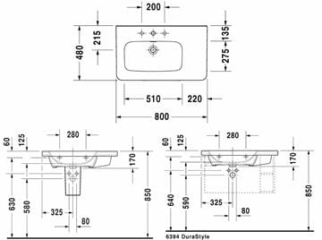 DURAVIT DURASTYLE umývadlo 80 cm, s otvorom pre batériu a prepadom 2325800000 Technický nákres